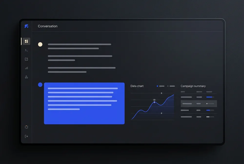 Fictional marketing assistant concept with a conversation, one chart and campaign summary