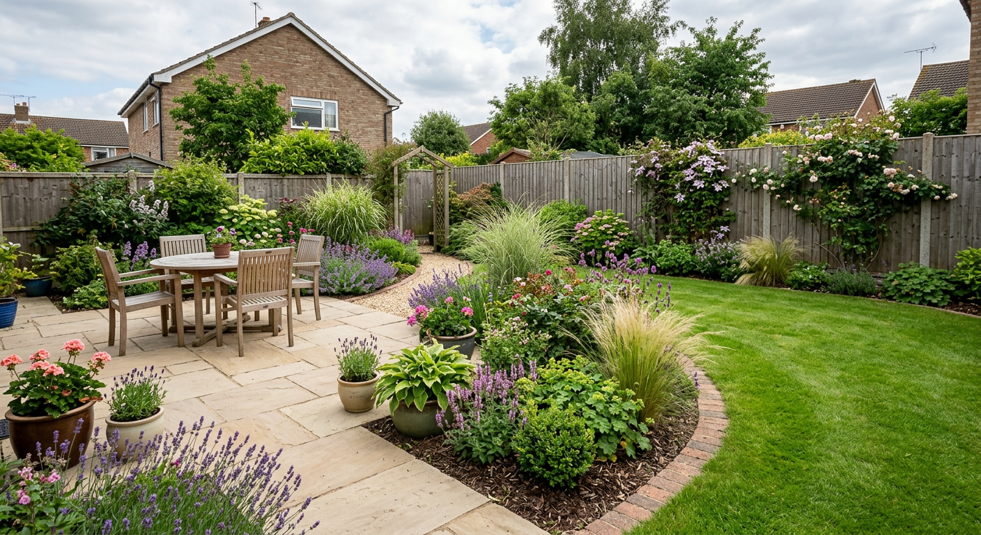 Stone patio, planted borders and a neatly kept lawn